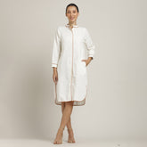 Florence Mandarin Collar Long Shirt - Ecru With Autumn Rust Edging